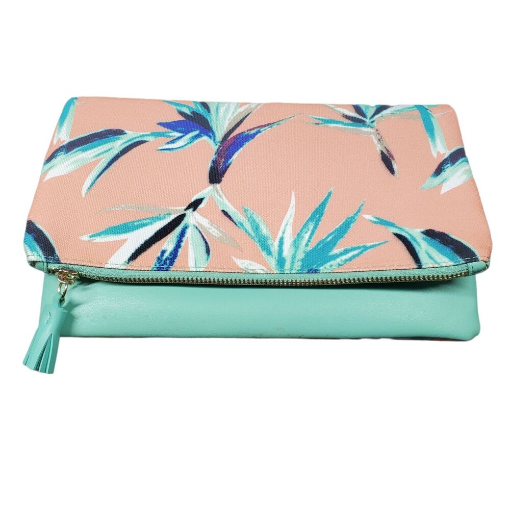 Rachel Pally Limited Edition Reversible Clutch Pink Mint Color Palm Tree Handbag